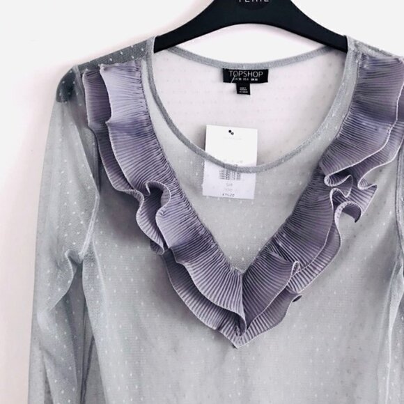 Topshop Blouse 6 NWT V Ruffle Swiss Dot Mesh Sheer Trendy Spring - Picture 6 of 13
